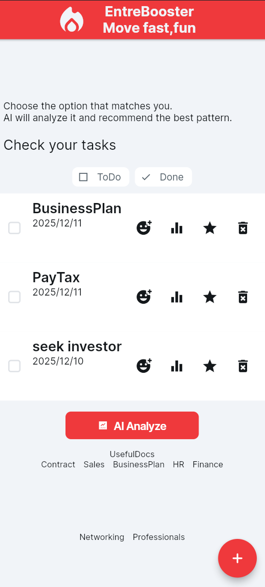 EntreBooster task and decision flow screen