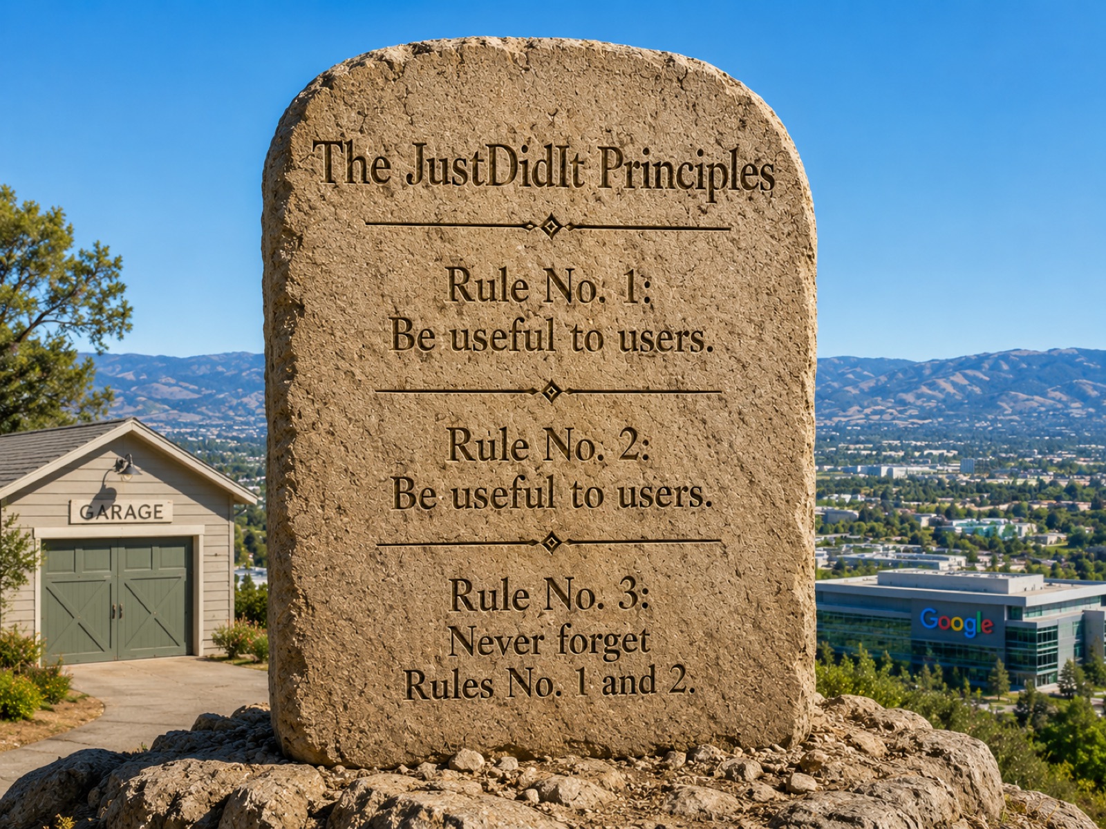 The JustDidIt Principles engraved on stone tablets overlooking Silicon Valley
